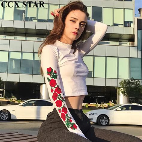 Ccx Star Rose Printed Turtleneck Long Sleeve Tees Top Women Slim Crop Top Female Sexy T Shirts