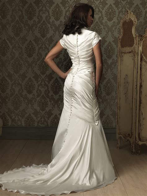 Trumpet Mermaid Cap Sleeve Silk Satin Ruched Modest Wedding Dress With