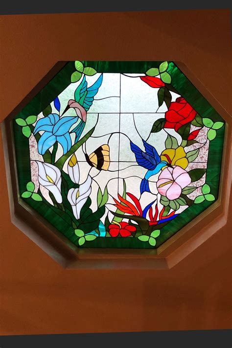 Hummingbirds And Flowers Octagonal Stained Glass Window
