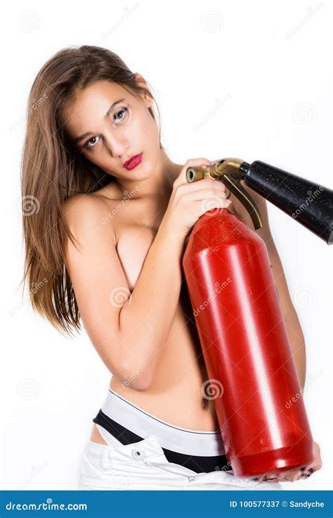 Sensual Female Firefighter With A Red Fire Extinguisher Stock Image Image Of City Department