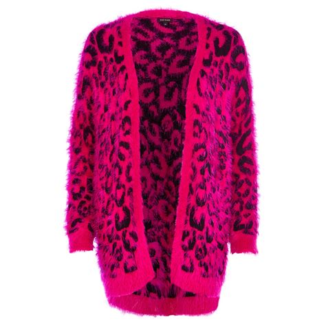 River Island Bright Pink Leopard Print Fluffy Cardigan In Pink Lyst