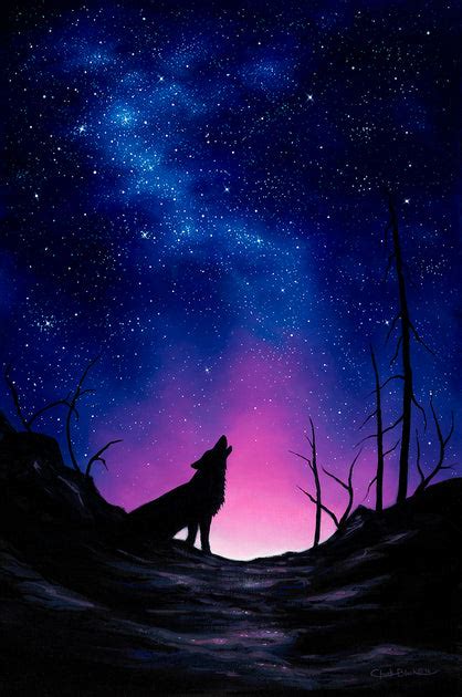 Original Howling Wolf Painting Starry Night 18x12 Chuck Black Art