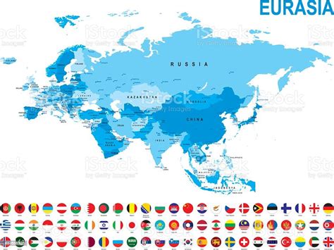Ilustración De Mapa Azul De Eurasia Con Bandera Sobre Fondo Blanco Y