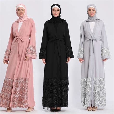 Muslim Sequins Mesh Nida Abaya Maxi Dress Cardigan Long Robe Gowns