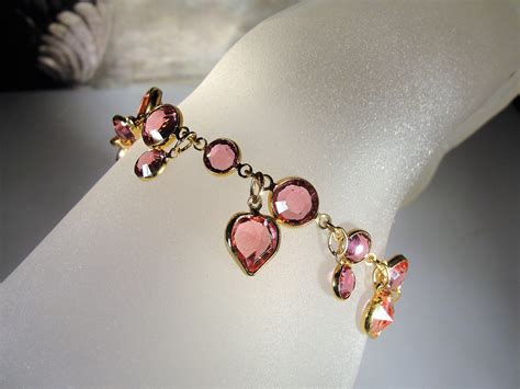 Swarovski Bezel Set Rosy Pink Heart Crystal Gold Link Charm Bracelet