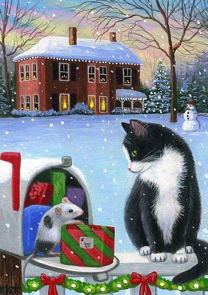 Tuxedo Kitten Cat Mouse Christmas Mailbox House Limited Edition Aceo