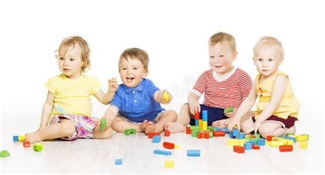 Children Group Playing Toy Blocks Small Kids On W Stock Image Image