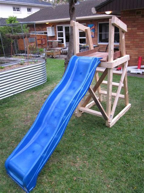 Above ground pool slides can be a lot of fun, but they can also be more trouble than they're worth. Plans for building a platform for a DIY slide! | Pool slide diy, Diy pool, Backyard slide