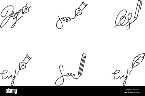 Signatures Pixel Perfect Linear Icons Set Handwriting Autograph