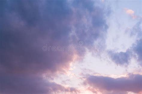 Sunset Sky With Large Cumulus Clouds Purple Lilac Blue Colors Stock