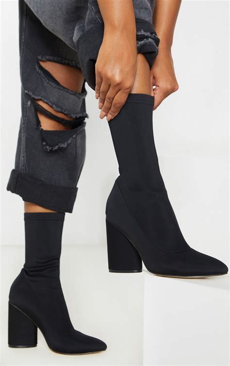 black chunky block heel sock boot prettylittlething usa