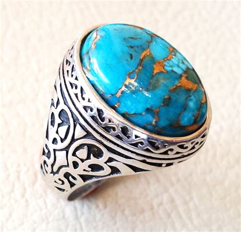 Man Ring Copper Turquoise Natural Stone Sterling Silver 925 Etsy