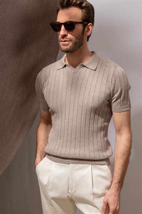 Taupe Ribbed Knit Polo Made In Italy Polo Shirt Outfits Polo