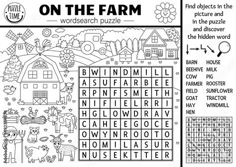 Vector On The Farm Black And White Wordsearch Puzzle For Kids Simple