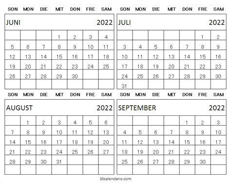 Juni Juli August September 2022 Kalender Drucken Free Calendar 2022