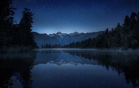 Wallpaper The Sky Stars Trees Mountains Night Lake Reflection