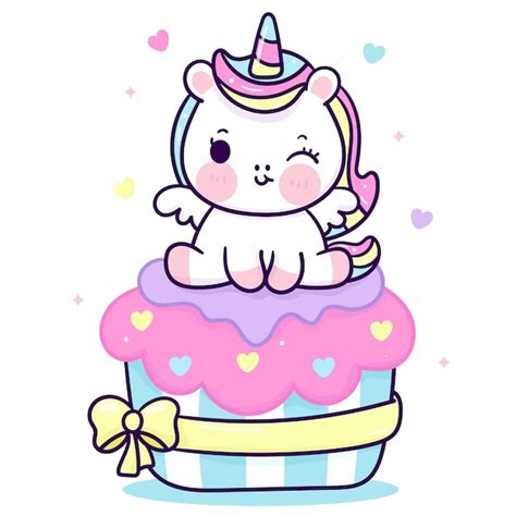 Cute Dibujos Animados De Unicornio Sentarse En Cupcake De Cumpleaños