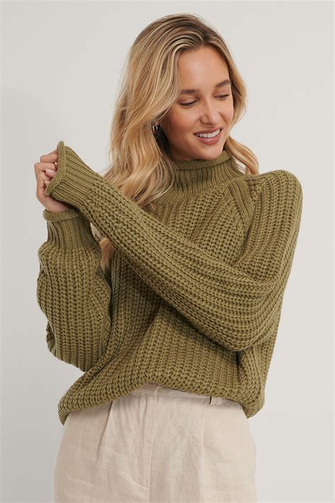 Raglan Sleeve High Neck Knitted Sweater Green Na