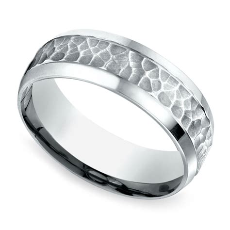 Hammered Beveled Mens Wedding Ring In White Gold 75mm
