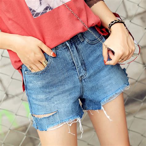 Vintage Ripped Hole Fringe Blue Denim Shorts Women Casual Pocket Jeans Shorts 2018 Summer High