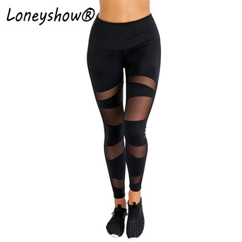 loneyshow sexy women leggings gothic insert mesh design trousers pant high waist black