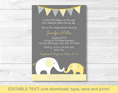 These colorful prints with curving fonts are perfect for a spring or summertime shower to welcome your new bundle of joy. Yellow Chevron Elephant Mom & Baby Printable Baby Shower ...