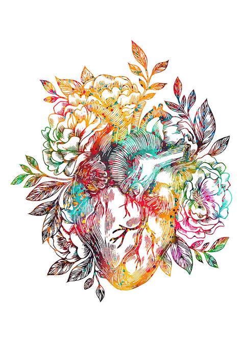 Illustration Digital Art Anatomical Heart With Flowers By Erzebet S