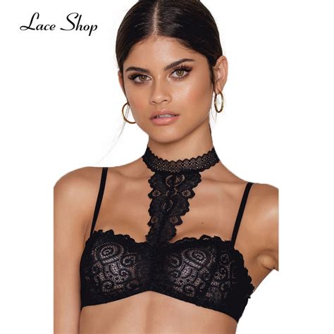 Laceshop 2017 Sexy Solid Black Floral Lace Women Bras Wire Free Halter Female Bralettes