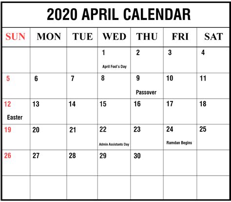 April 2020 Calendar With Holidays Usa Uk Canada India Australia