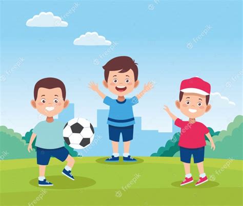 Niños Felices De Dibujos Animados Jugando Con Una Pelota De Fútbol