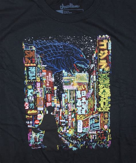 Godzilla Neon City Black Mens Large T Shirt Threadless Kaiju Anime