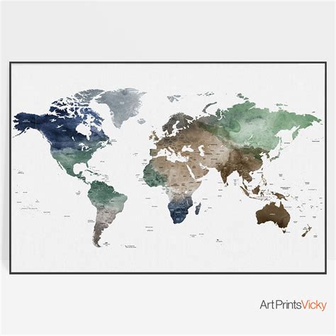 Large World Map World Map Art Travel Map Watercolor Map Ts