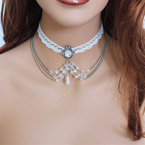 White Lace Beaded Victorian Bridal Choker Necklace Jewelshart Inc