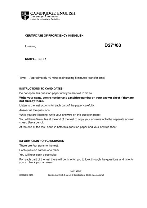 Cambridge English Proficiency Sample Paper Certificate Of
