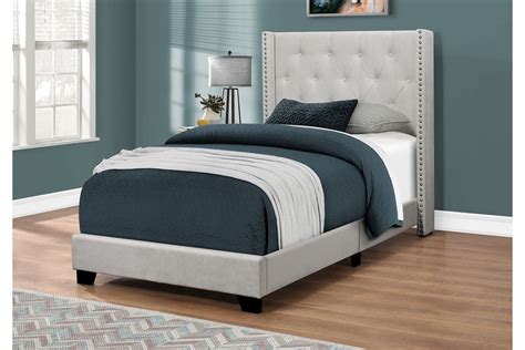 Light Grey Velvet Twin Bed With Tufting And Nailhead By Monarch