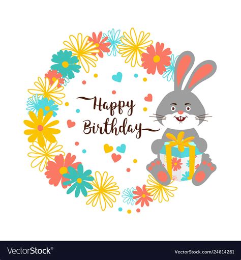Cartoon Bunny Happy Birthday Greeting Card Cute Vector Image