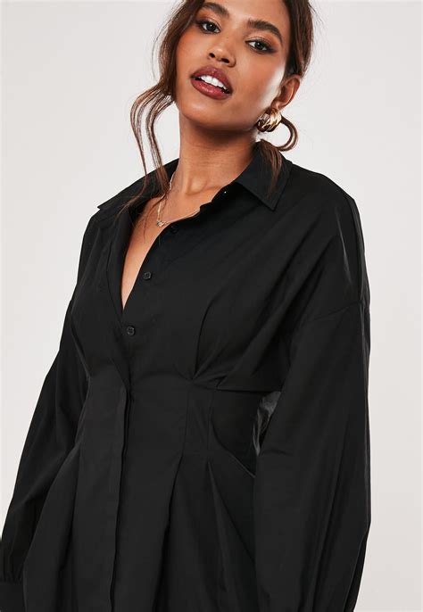 Black Poplin Pleated Waist Shirt Dress Missguided Australia