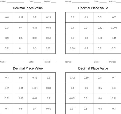 Decimal Place Value Bingo Cards Wordmint