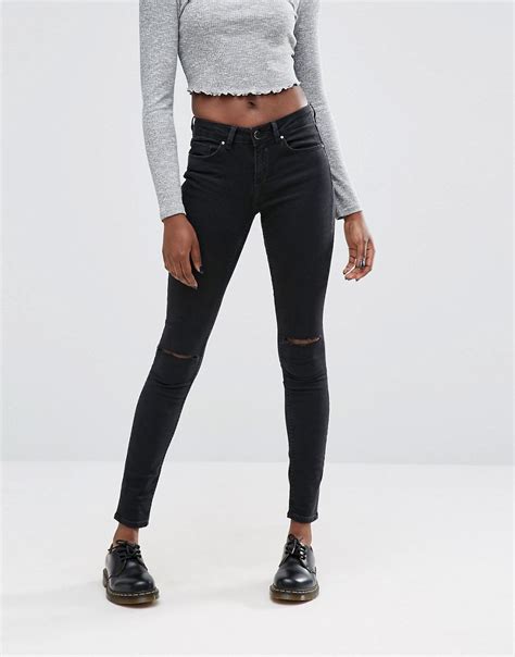 Asos Asos Lisbon Skinny Mid Rise Jeans In Washed Black With Two