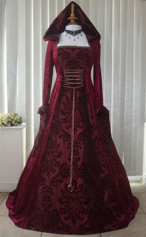 Medieval Gothic Handfasting Hooded Wedding Dress Burgundy Dawns