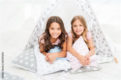 Sisters Or Best Friends Spend Time Together Lay In Tipi House Girls Having Fun Tipi House