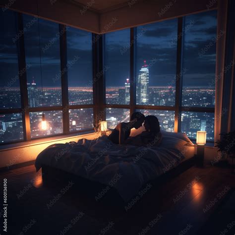 Couple Young Lady Kiss Hug Bed Manshon Hotel Tower High Floor