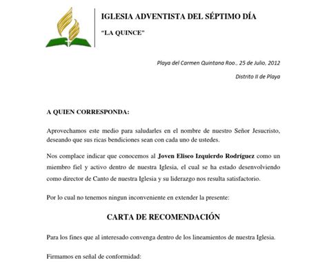 Carta De Recomendacion Iglesia Cristiana Sample Web D