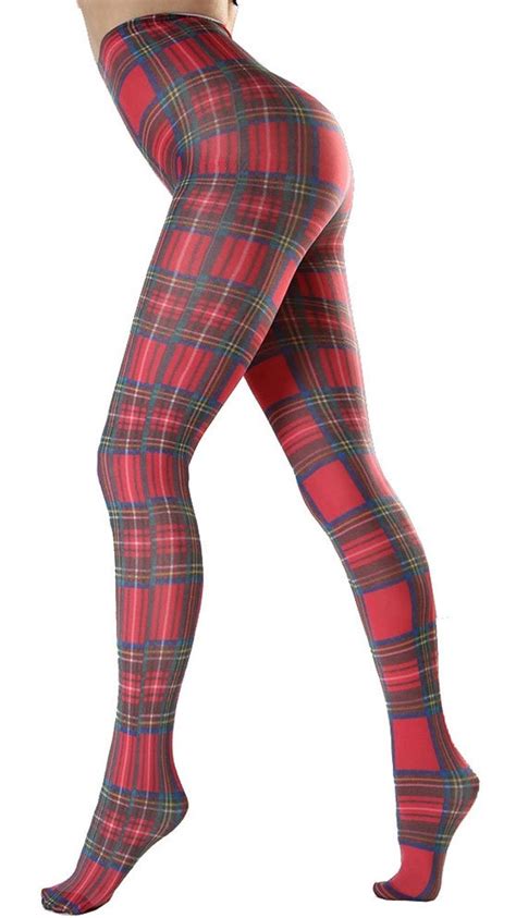 Red Plaid Patterned Tights Womens Opaque Pantyhose Etsy Patterned Tights Plaid Tights