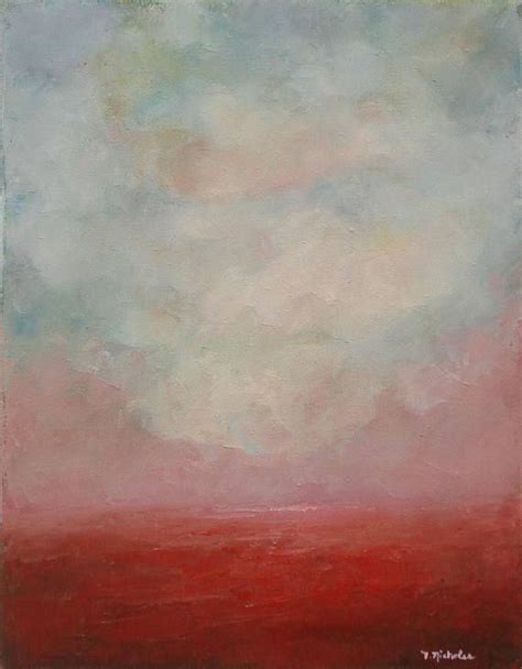 Small Red And Blue Abstract Landscape Sky And Clouds Oil Painting On