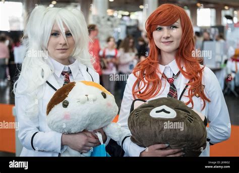 hanover germany 20th may 2017 two cosplayers dressed as japanese schoolgirls at the mcm