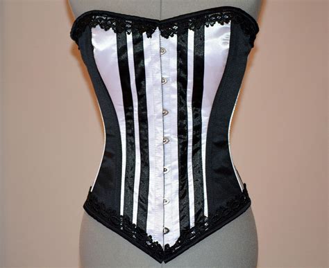 long black and white satin corset with black lace trim gothic historical stempunk prom t