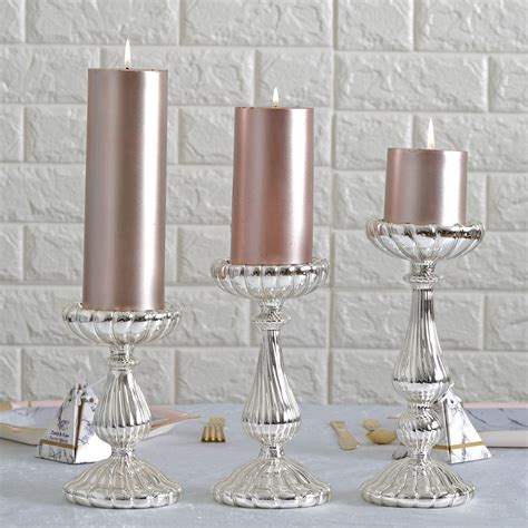 Set Of 3 Silver Mercury Glass Pillar Candle Holders 7 85 10