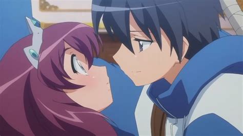 Two Anime Characters One Is Kissing The Other Has Purple Hair And Blue