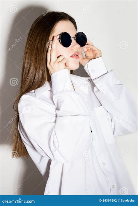 Naked Girl In A Man S White Shirt With Sunglasses Stock Photo Image